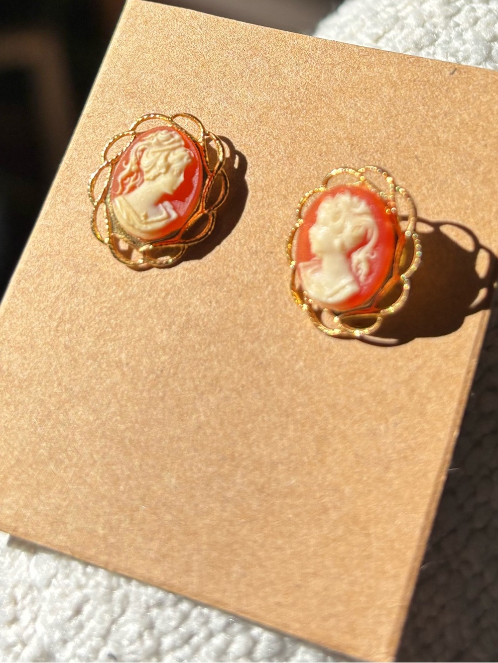 Gold Cameo Filigree Stud Earrings in Orange and Cream Vintage Style